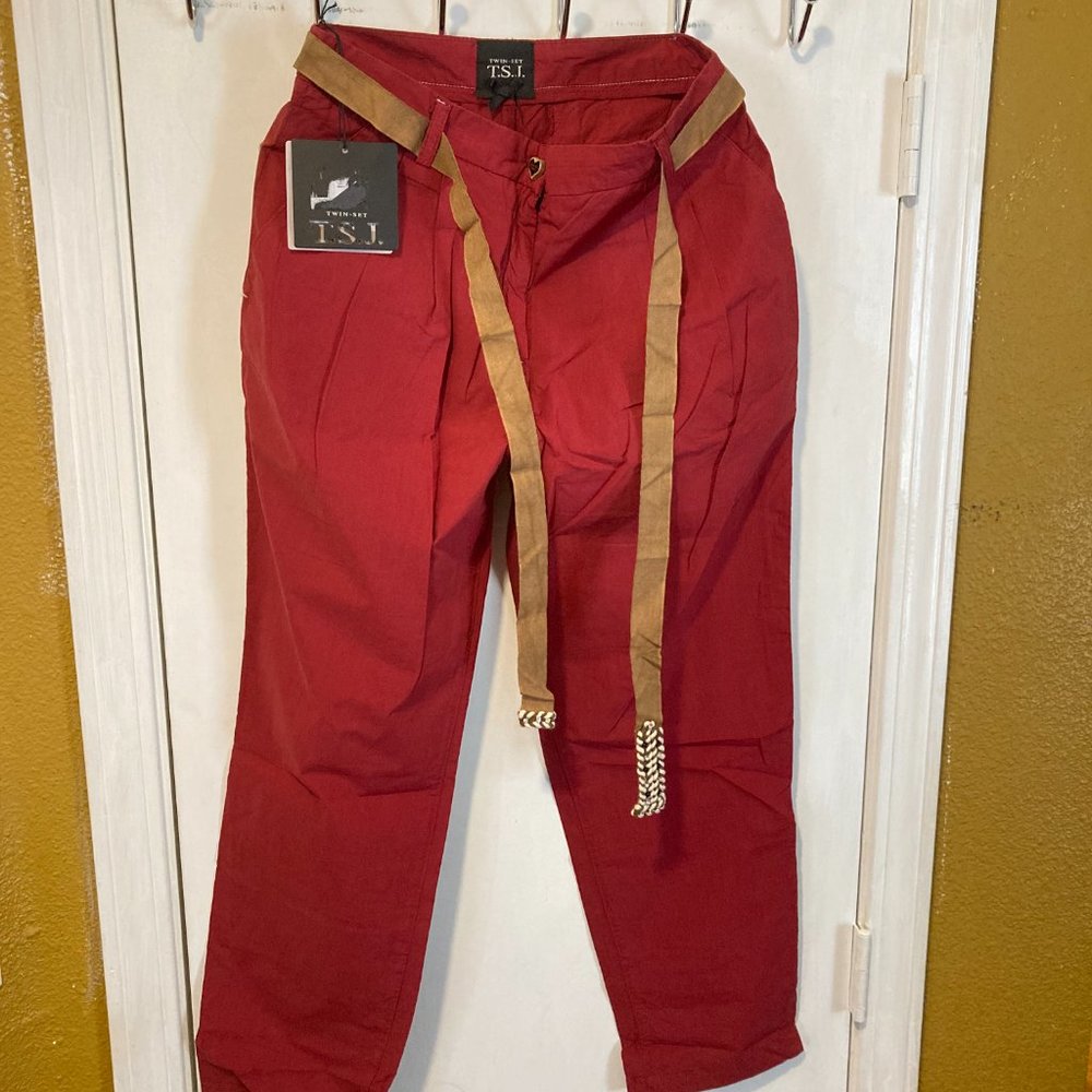 Twin Set women's front pleated & belted maroon lightweight cotton ankle trousers